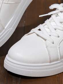 Women's Spring/Autumn Lace-Up Casual Sneakers, Fashionable Versatile Comfortable White Shoes, Collegiate Solid Color Flat Outdoor Skateboard Running Shoes - White - View 7