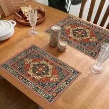 Boho Placemats Set Of 4/2 Pcs Bohemian Carpet Vintage Orange Grey Floral Linen Washable Kitchen Dining Table Mats Stain Heat-Resistant Desktop Decor Place Mats For Home Party Indoor 12x18 In