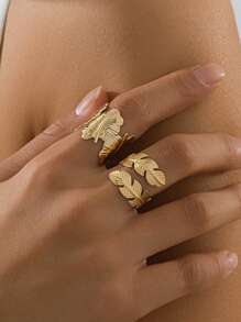 2pcs/Set Fresh Minimalist Summer Beach Style Leaf Shape Rings For Women - Yellow Gold - View 1