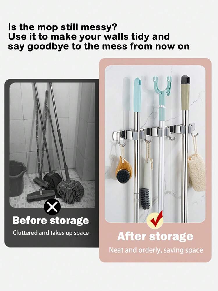 1pc Mop & Broom Holder Wall Mount Hook, Multi-Function Heavy Duty Bathroom Storage Clip, Mop Broom Organizer Rack, Stainless Steel Practical Hanger, Suitable For Home Kitchen, Garden, Laundry Room, Garage, Closet, 304 Stainless Steel Mop Clip, No Drill Multi-Purpose Hanging Rack, Mop Hook, Bathroom Broom Storage Rack, Garden Weeding Tools - Silver - View 3