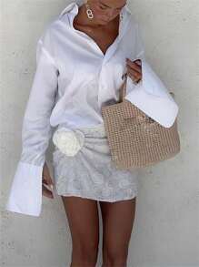 Womens Summer Striped Plain Shirts Long Sleeve Button Down Loose Tops Lightweight Blouses Streetwear - White - View 5