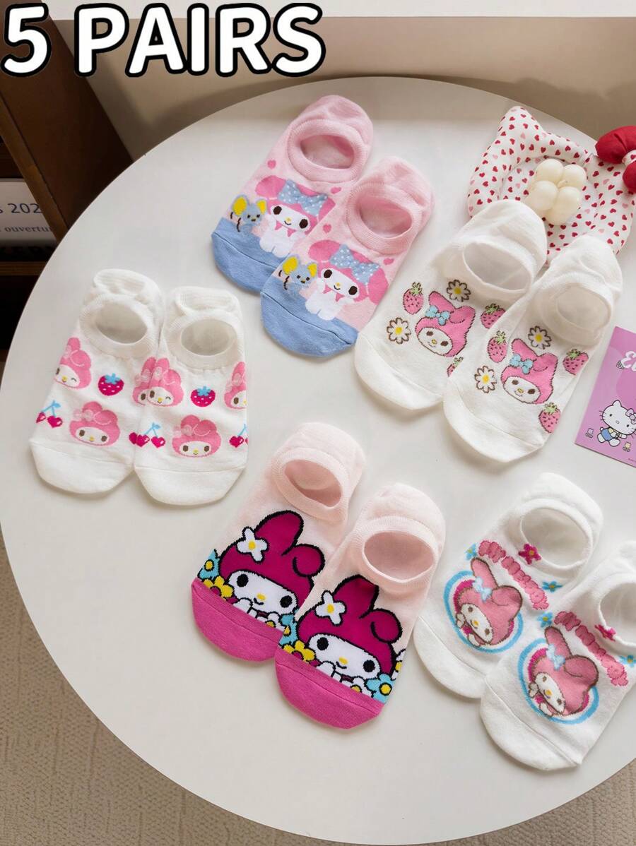 Sanrio Melody,‌,‌ ,,,Badtz-Maru,, 5 Pairs Women And Men's/Couple Boat Socks, Personalized, Funny, Happy,Colorful, Creative Anime Cartoon Design, Holiday Gift, Comfortable And Breathable, Improve Family Atmosphere, Fashionable And Suitable For Both Men And Women. Interesting Socks, Crazy, Anime, Multi-Color Socks Without Cardboard - Multicolor - View 1