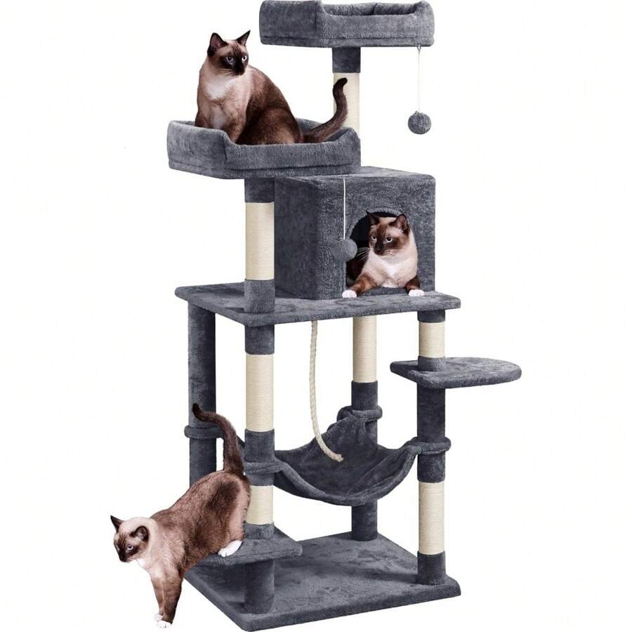 150cm Large Cat Tree Scratching Posts With Condos/Hammock Cat Climbing Tower Centre For Indoor Cats, Dark Grey - Dark Grey - View 1
