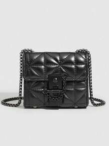 Unique Design Solid Color Mini Square Bag For Women, Commute & Daily Use, Quilted Chain Crossbody Bag - Black - View 2