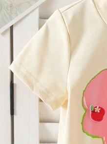 2 件套少女可爱苹果 3D 装饰上衣 + 时尚休闲红色百褶裙套装 - 杏色 - 查看 6