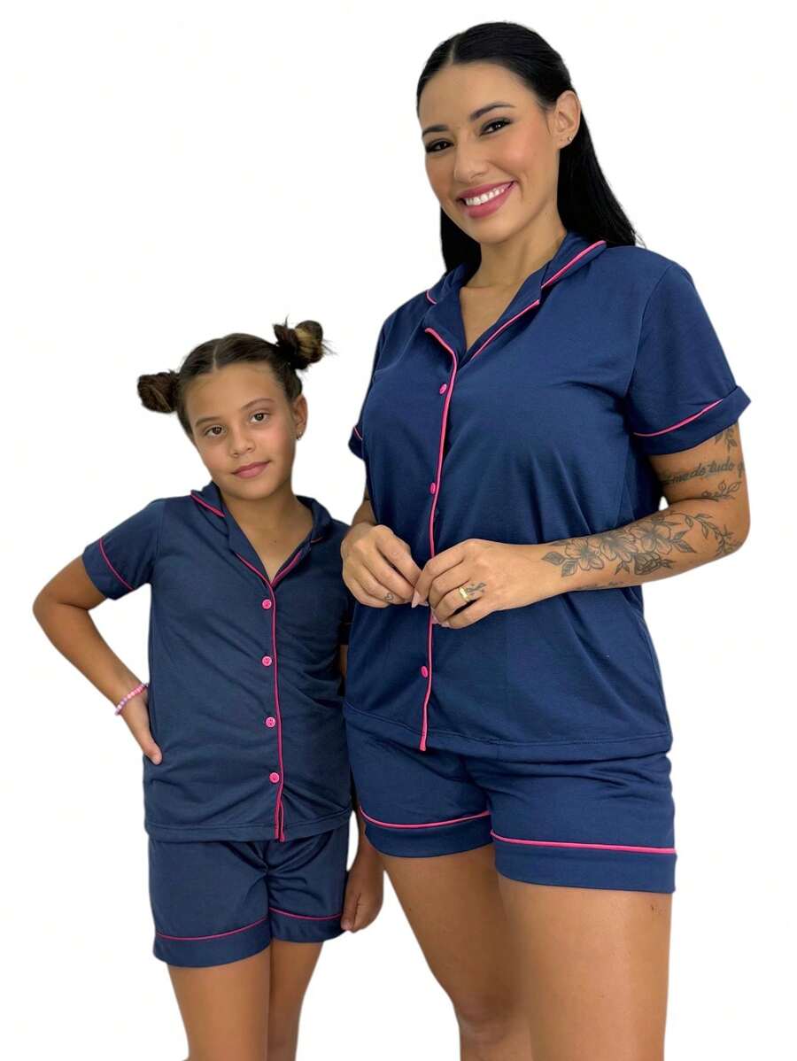 Pijama Mae e Filha Americano Blusa com Gola e Short