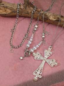 Set de 3 collares vintage góticos personalizados multicapa con estrella, cadena NK, cruz y perla falsa para mujer, collar de cruz y perla, choker de alta gama de estilo hip-hop único y exclusivo