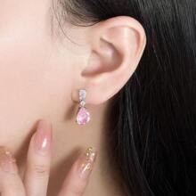 1 Pair Teardrop Shaped Zirconia Earrings For Women, Delicate Design - Pink - View 1