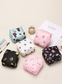 1pc Cartoon Printed Cute Feminine Sanitary Pad Bag, Zipper Closure Portable Lightweight Storage Pouch, Waterproof Small But Spacious Coin Purse, Multi-Purpose Organizer Bag, Gift For Women - Multicolor - View 2