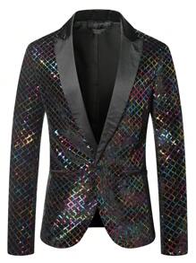 Spring New Fashion Rhombus Sequin Men's Suit Jacket, Lightweight Shiny Blazer For Stage Performance, Party Outfit