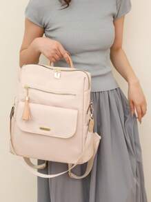 Ladies' Double-Shoulder Bag Solid Color Large Capacity Student Backpack Fashion Tassel Versatile Casual Waterproof Bag, Suitable For Women, Girls Students, Working People And White-Collar, Suitable For Work, Business, Commuting, School, Library, Out, Travel - Beige - View 3