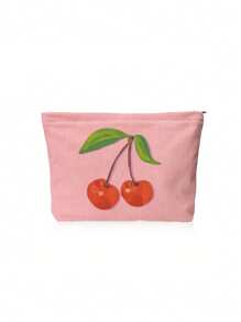1pc Corduroy Cosmetic Bag, Birthday Gift For Women, Toiletry Bag, Makeup Storage Pouch, Gifts For Best Friends, Cherry Pattern