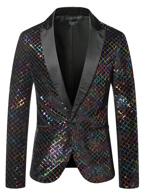 Spring New Fashion Rhombus Sequin Men's Suit Jacket, Lightweight Shiny Blazer For Stage Performance, Party Outfit