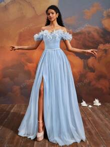 VIPGIRL SHEIN X Hannahelzahed Hannah Dreamy Blue Floral Off-Shoulder Tulle Ball Gown With High Slit, Corset Bodice, Princess Style Maxi Dress, Women Formal & Evening Dresses, Elegant Party Dress, For Wedding Guest
