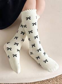 1 par de calcetines de media pantorrilla suaves y cómodos con decoración de lazo, en estilo japonés/coreano, versátiles para usar en todas las estaciones - Blanco - Ver 4