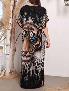 Volta às Aulas Outono Roupas Femininas Tamanhos Grandes Vestido Kaftan Relaxado Praia Férias - Capa Chique Inspirada no Estilo Boêmio com Decote em V Favorecedor, Design de Sobreposição Fácil e Padrão de Impressão de Tigre Vibrante - Perfeito para Viagens à Praia e Clima Quente