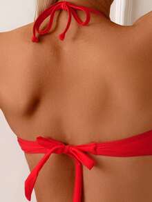 Women's Solid Color Flat Chest Halter Bikini Two Pieces Set, With A Metal Decoration In The Middle, Suitable For Summer Island Vacation Swimming - Red - View 5