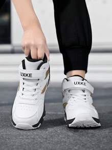 1 Pair Kids Boys Sports Shoes With PU Leather Upper And Hook And Loop Design, Boys Basketball Shoes, Outdoor Hiking Sneakers, Suitable For All Seasons