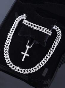 3pcs Hip Hop Fashion Jewelry Set, Stainless Steel Men's Cross Necklace With Layered Cuban Link Chain,Chains Iced Out Bracelet ,Perfect Gift For Men And Women