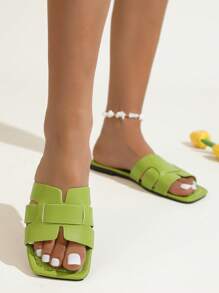 2025年夏季新款女式黑色方头平底加大码凉鞋，时尚休闲拖鞋 - 青碧色 - 查看 4