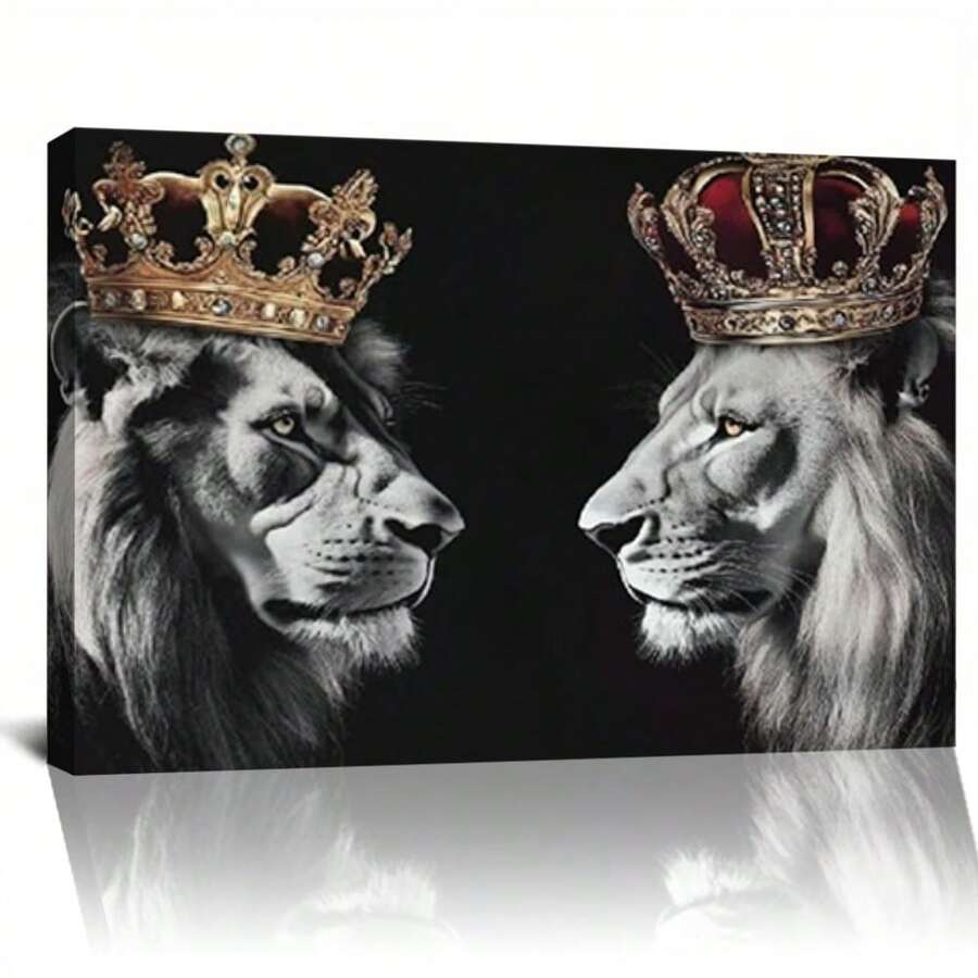 1pc Framed Lion Picture Wall Decor Canvas Wall Art Black And White Animal Lion King And Queen Painting Prints Modern Artwork For Living Room Bedroom Home Office Decor Canvas Painting 2D - Framed - View 1