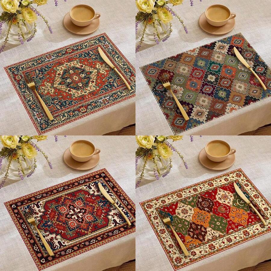 Boho Placemats Set Of 4/2 Pcs Bohemian Carpet Vintage Orange Grey Floral Linen Washable Kitchen Dining Table Mats Stain Heat-Resistant Desktop Decor Place Mats For Home Party Indoor 12x18 In