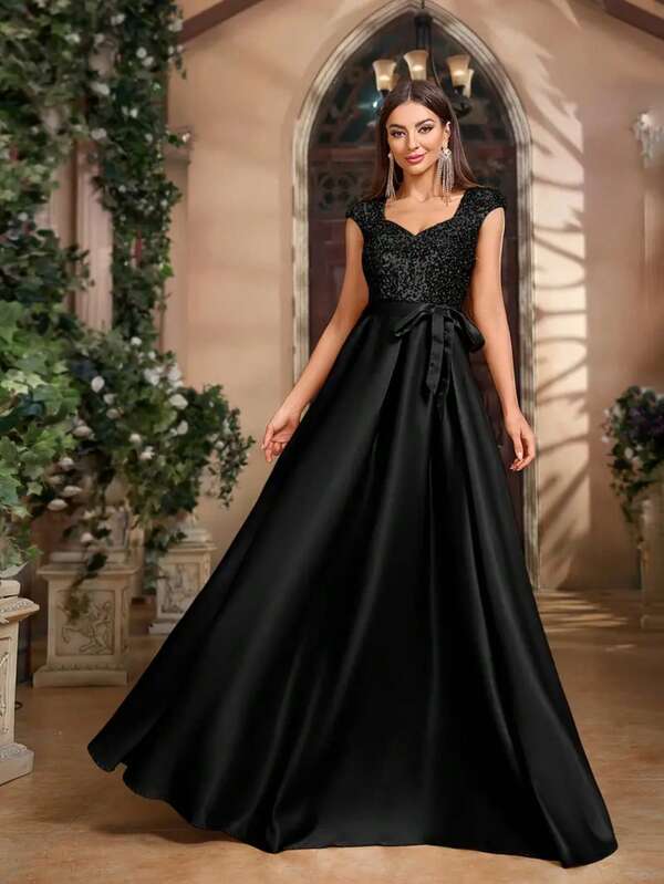 Women's Sequin V-Neck Bow Belt Sleeveless Dress, Perfect For Parties, Weddings And Formal Events, Sequin Formal Wear