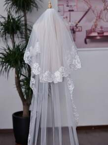 1件白色时尚新娘婚礼派对长蕾丝边头纱头饰 - 白色 - 查看 3