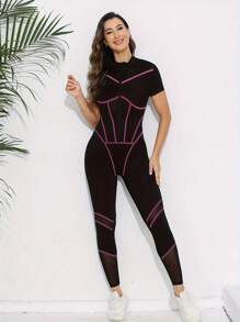 Women's Contrast Trim Yoga Jumpsuit - Black - View 2