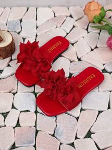 女童花朵装饰凉鞋，夏季露趾平底鞋，百搭休闲沙滩一脚蹬穆勒鞋 - 酒紅色 - 查看 3