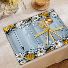 4pcs/Set Wood Grain & Floral Print Linen Placemats - Woven Linen Rectangle Tablemats For Dining, Kitchen - Anti-Slip & Heat Resistant Placemats For Coffee Table, Dinner Table Decor