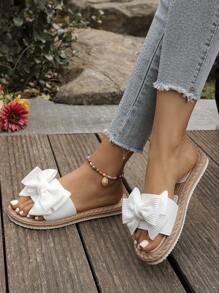 Dép xăng đan đế bằng nữ có nơ, mũi tròn, kiểu dáng slip-on, giày mùa hè thời trang và thoải mái, dép đi biển nhẹ cho nữ. - trắng - Xem 3
