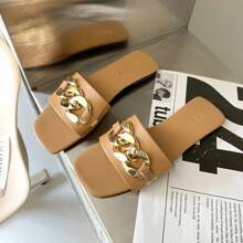 2024 New Fashion Women's Slippers Square Toe Chain Slippers Flat Slide Sandals Beach Flip Flops Metal Dration Casual Shoes