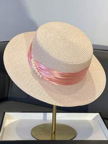 Sombrero de paja estilo francés de copa plana con cinta de perlas en el borde, sombrero de sol para mujer para viajes y vacaciones de verano, gorra de estilo británico para influencer con protección solar, sombrero sólido y casual de poliéster con protección UV y contra el viento, para primavera/verano