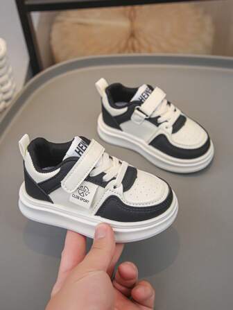 1 Paio Di Sneaker In Pelle Per Neonati In Patchwork, Chiusura Con Gancio E Anello, Scarpe Casual Morbide A Suola Tonda Unisex Per Bambini, Per Primavera E Autunno