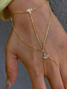 1pc Leaf Connecting Finger Chain Bracelet For Women, Minimalist Bohemian Design Rhinestone Hand Chain Jewelry