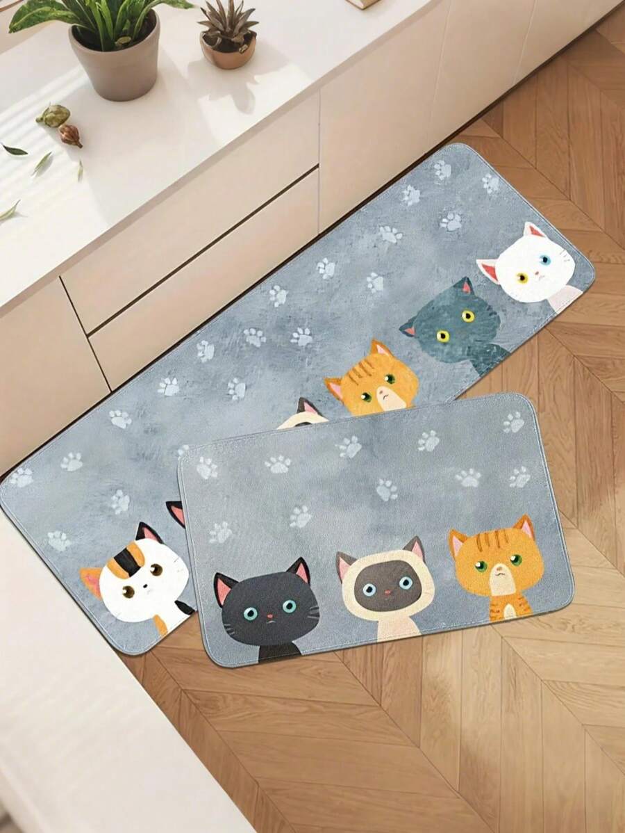Cute And Colorful Cat Paw Print Area Rug, Features Cartoon-Style Cat Faces, Light Blue-Grey, Suitable For Entryway, Living Room, Bedroom, Dining Room, Hallway, Laundry Room, Kitchen, Balcony As Indoor Entrance Carpet, Modern Polyester Rectangular Non-Slip Absorbent Floor Rug - Indoor All-Season Home Decor, Kitchen Runner