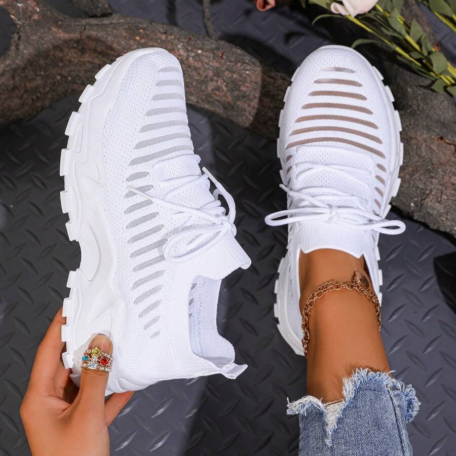 女式网眼透气厚底系带休闲运动鞋，加大码 36-43，春夏 - 白色 - 查看 1