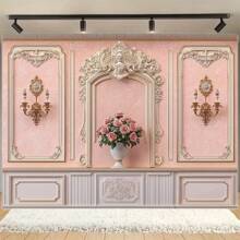 Fondo de fotografía de estilo europeo retro - Elegante fondo de fotografía de poliéster rosa y blanco con decoración de estilo barroco, perfecto para bodas, cumpleaños, fiestas y fotografía, uso en interiores/exteriores, sin necesidad de alimentación, decoración de pared para fiestas | Diseño europeo retro | Tela de fibra de poliéster, decoración de lujo para el hogar