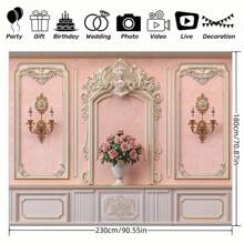 Fondo de fotografía de estilo europeo retro - Elegante fondo de fotografía de poliéster rosa y blanco con decoración de estilo barroco, perfecto para bodas, cumpleaños, fiestas y fotografía, uso en interiores/exteriores, sin necesidad de alimentación, decoración de pared para fiestas | Diseño europeo retro | Tela de fibra de poliéster, decoración de lujo para el hogar