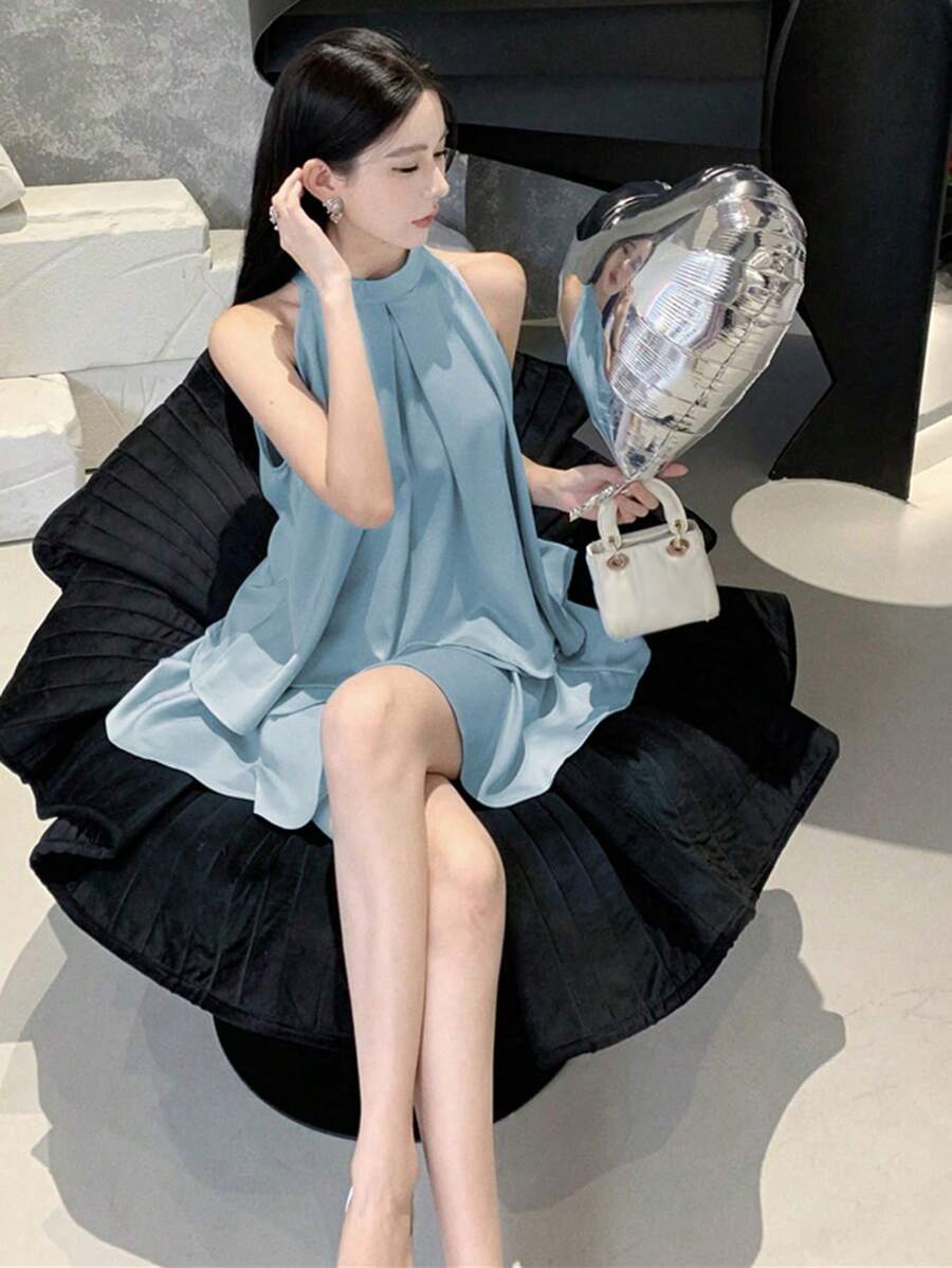 夏季女式两件套，无袖露背上衣和荷叶边下摆裙套装 - 藍色兩件套裝 - 查看 1