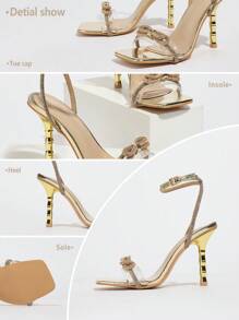 Women's Clear Crystal Heel Sandals, Metal Pearl Rhinestone Decor Chunky High Heel Lace-Up Golden Sandals