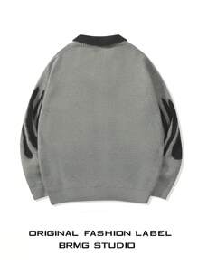 男士休闲拼接 Polo 领套头毛衣，宽松学院风，春秋季长袖上衣 - 灰色 - 查看 2