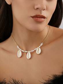 1pc Versatile Boho Style Faux Pearl & Seashell Pendant Necklace, Suitable For Men & Women Everyday Wear, Gorgeous Beach Jewelry Gift - Multicolor - View 4