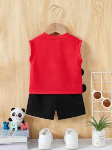 Set de 2 piezas de parte superior sin mangas con cuello redondo con estampado de panda lindo y pantalones cortos de unicolor para niños pequeños, adecuado para salidas diarias en verano - Rojo - View 2