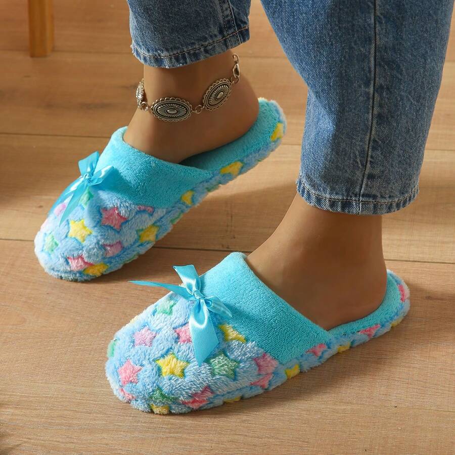 Nuevas pantuflas de interior con decoración de moño a la moda, cómodas, tipo slip-on, gruesas y cálidas para parejas
