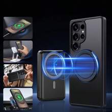 Aunote 1pc Black Minimalist Matte Texture Multi-Functional Magnetic Kickstand Protective Case, PC Material With 0-180°+360° Rotating Kickstand, Smooth Rotation, Supports Wireless Charging, Car Mount Magnetic, Photography/Streaming/Office Essential, Compatible With Samsung Galaxy S23u/S24/S24u/S25/S25u /A16/A17/A26/A36/A55/A56 /S26/S26/S26 Ultra, Unisex Gift - Black - View 7