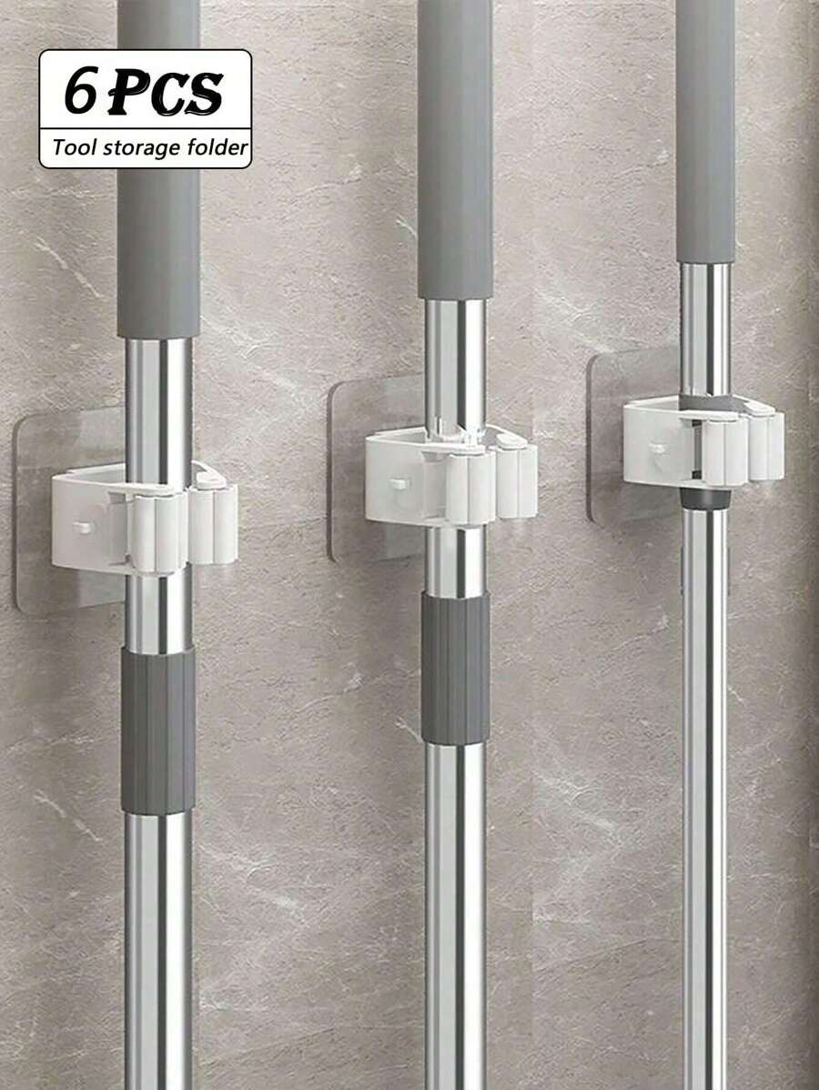 6pcs/Set Creative Mop Holder Wall-Mounted Hooks, Suitable For Hanging & Storing Mops, Brooms, Ideal For Bathroom, Kitchen, Garden, Cleaning Tool Organization (6/4/3/2/1pc, Random Color)