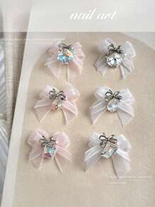 6/12件装 3D 立体水晶蝴蝶结美甲装饰，透明薄纱，手工 DIY 美甲饰品配件，新娘/仙女风美甲用品 - 彩色 - 查看 7