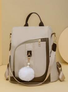 Oxford Cloth Water-Repellent Large Capacity Color-Blocked Backpack, Casual Fashion Versatile Travel Bag With A Hanging Fur Ball, Suitable Ladies, Girls, Students, Office Workers And White-Collar Workers, Suitable For Work, Attendance, Business, School, Library, Travel., Perfectly Matching With Backpack Accessories - Beige - View 9